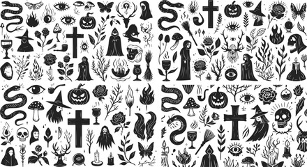 Black and White Halloween & Occult Icon Set – Hand-Drawn Gothic Symbols Featuring Witches, Skulls, Ghosts, and Magical Elements for Spooky Design Projects