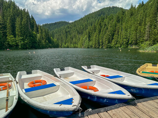 Naklejka premium Several boats are idly lined up on a dock situated near a serene lake
