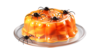 Spooky Halloween dessert featuring orange jelly with creepy crawly spiders, a frighteningly fun treat for parties or a festive seasonal celebration