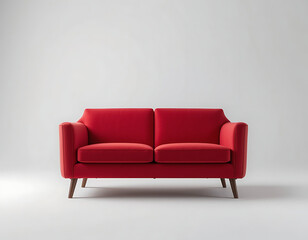 
A small, modern red love seat with wooden legs is isolated against a clean, white background.