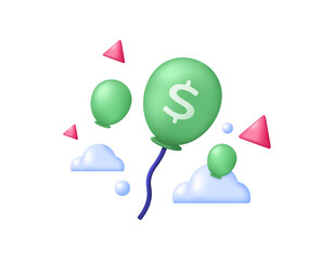 A concept of economic and financial growth. Improvement and increase. The value of the dollar is rising. Illustration of a balloon flying with clouds. 3D style vector design. White background
