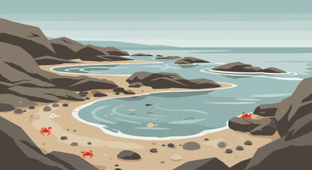 Crabs foraging along the rocky beach shoreline coastal area digital art serene atmosphere landscape view nature exploration. Vector illustration
