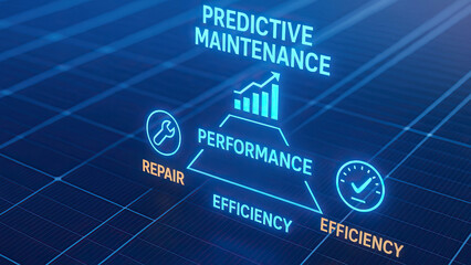 Predictive maintenance concept with glowing blue digital icons showing performance, repair, and efficiency on dark grid background, symbolizing advanced technology and innovation
