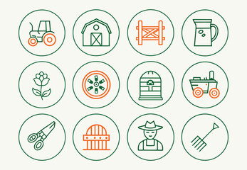 Fototapeta premium Collection of farm and agriculture icons in green and orange outline style tractor barn