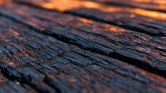 Close-up of charred wood surface displaying intricate textures and patterns with warm light reflections