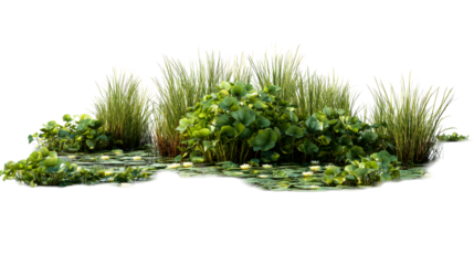 Lush water plants with white water lilies floating on calm water