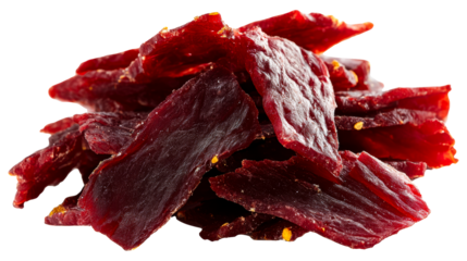Pile of dark red dried meat slices with glistening texture