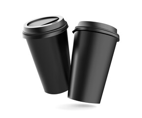 Realistic black mock up cups set with black plastic lid. Coffee to go, take out mug for your design