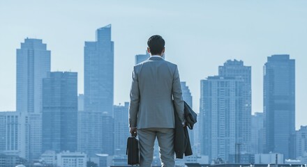 A businessman in a grey suit holding a briefcase and suit jacket looking out at a cityscape of buildings and skyscrapers against a clear blue sky.
