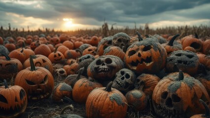 Carved pumpkins in a field at sunset