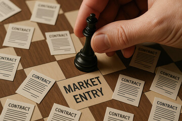 Strategic planning and management are essential in business for successful market entry decisions shown by hand moving chess piece among contract papers on wooden board