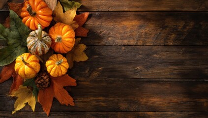 Autumn background with pumpkins and colorful leaves on a wooden table
