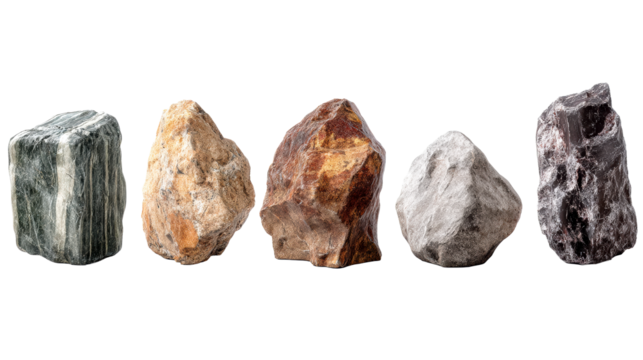 Five distinct mineral rock specimens displayed in a horizontal row