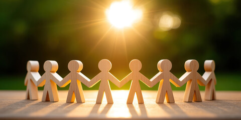 Wooden human figures holding hands in circle under bright sunlight symbolizing unity teamwork and collaboration in natural outdoor setting with warm light and shadows