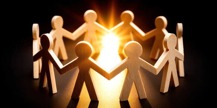 Wooden figure circle light unity teamwork collaboration connection group people friendship cooperation togetherness team support community bond hand hand symbol concept human shape warm light glow