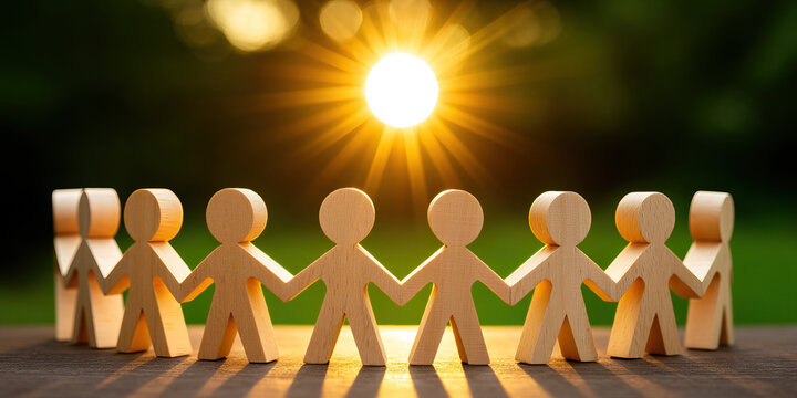 Wooden figure sunlight teamwork unity collaboration outdoor people connection friendship group nature circle hand hand togetherness support cooperation team human symbol background bright Warm