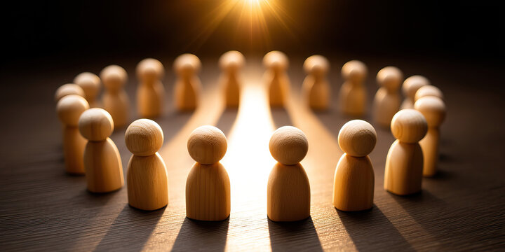 Unity teamwork collaboration shine in circle of wooden figures symbolizing connection and shared purpose under warm light creating powerful sense of togetherness and cooperation