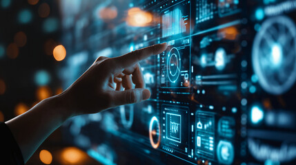 Close up of hand interacting with futuristic digital holographic data interface with blue glowing light
