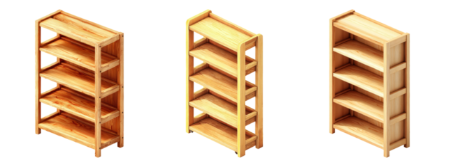 Wooden Shelving Units in Three Different Angles and Styles
