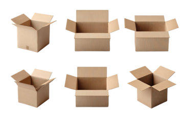 Six cardboard boxes of various open configurations