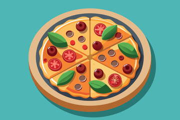 A cartoon pizza with tomatoes, cherries, mushrooms and basil on a wooden plate
