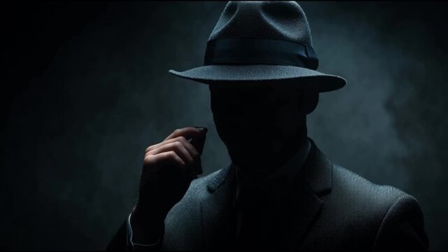 A dramatic slow motion video showcasing the silhouette of a mysterious man in a hat and suit. Ideal for use in conceptual promos, advertisements, or cinematic scenes depicting intrigue or secrecy. Inc