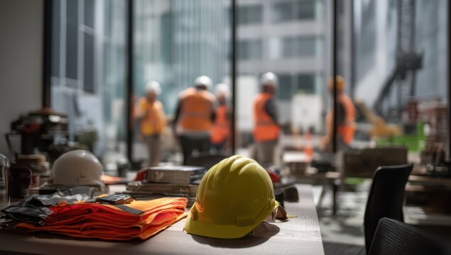 construction gear including hard hats and safety vests arranged on a table