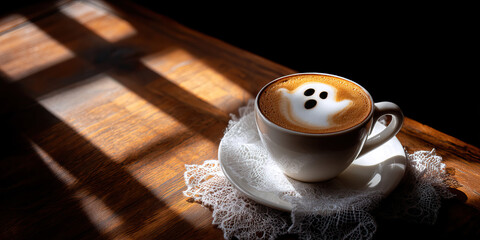 Latte art with ghost design in white cup on wooden table with lace doily, warm sunlight casting shadows, cozy and festive autumn atmosphere