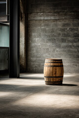 A wooden barrel stands alone in a dimly lit industrial space, casting a soft shadow against a textured concrete wall.