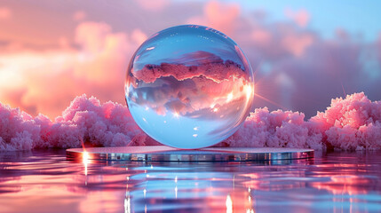 3D rendering glass marble on aluminum round podium mock up on water stream in pink and purple mist cloudy on heaven for product spa and cosmetic advertising campaign