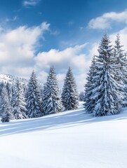 Snow-covered landscape with tall evergreen trees under a bright blue sky and fluffy clouds in winter