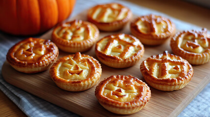 Mini pumpkin pies with carved jack o lantern faces are arranged on wooden board, evoking warm and festive autumn atmosphere perfect for Halloween celebrations