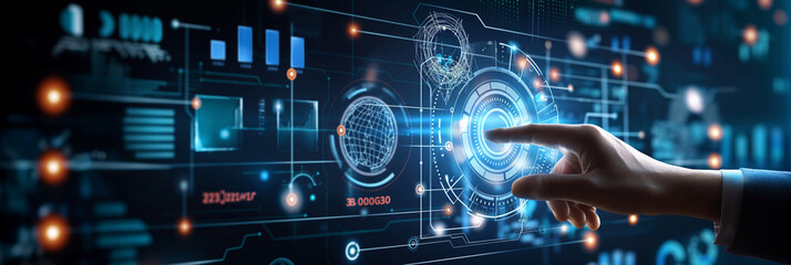 A hand interacting with a futuristic interface displaying data and charts