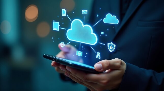 A businessman holds a digital tablet displaying social network icons on its screen