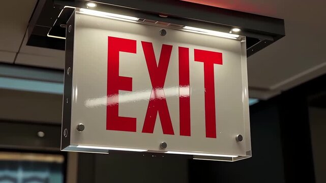 Illuminated "EXIT" sign with bold red letters on a clear panel, hanging indoors