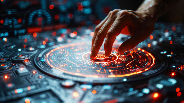 Close up businessman hand touching a glow orange and blue light in circular interface virtual target data board for futuristic business in digital technology