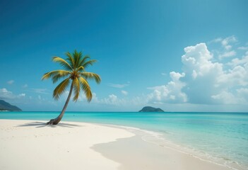 Escena minimalista de playa isleña con una sola palmera, aguas turquesas y arena blanca. Tranquilidad tropical, perfecta para relajarse