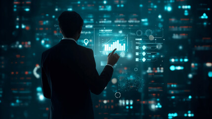 Businessman interacting with futuristic data visualization interface