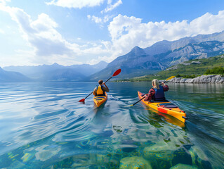 Couple kayaking on crystal-clear lake surrounded by mountains, bright day