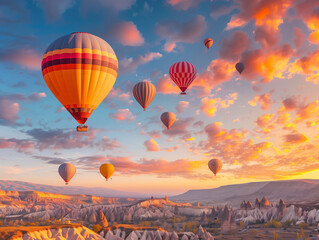 Obraz premium Hot air balloons over Cappadocia at sunrise, colorful sky, magical travel scene