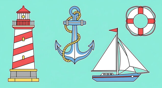Nautical themed vector illustration featuring lighthouse, anchor, sailboat and lifebuoy - Powered by Adobe