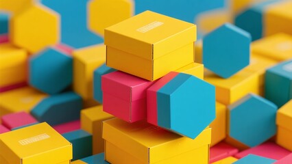 Obraz premium Colorful Hexagonal Gift Boxes in Bright Yellow Pink and Blue on Blue Background