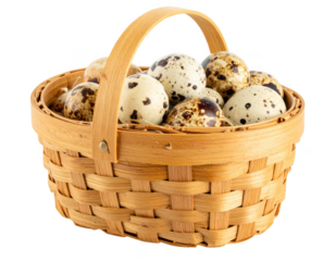 Quail eggs on wicker wooden basket isolated on transparent background.