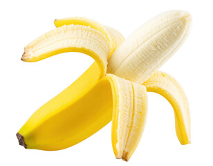 Ripe peeled one banana isolated on transparent background.