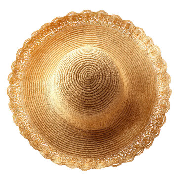 Overhead view of a light beige straw sun hat.  A decorative, scalloped brim surrounds a slightly conical crown with a spiral pattern