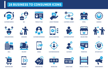 Business to consumer icon set. Containing customer service, loyalty program, customer journey, online store, and digital marketing icons. Flat icon collection.