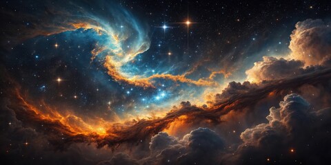 Obraz premium Vibrant cosmic nebula with swirling colors and distant stars