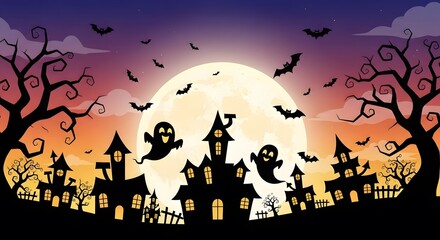 Spooky Halloween Haunted House Scene with Full Moon Bats and Ghosts