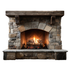 Stone fireplace with wooden mantel