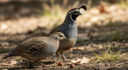 Pair of California Quail Birds Walking on Ground in Natural Environment